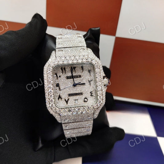 Iced Out GRA Certified Moissanite Arabic Dial White Wrist Watch customdiamjewel
