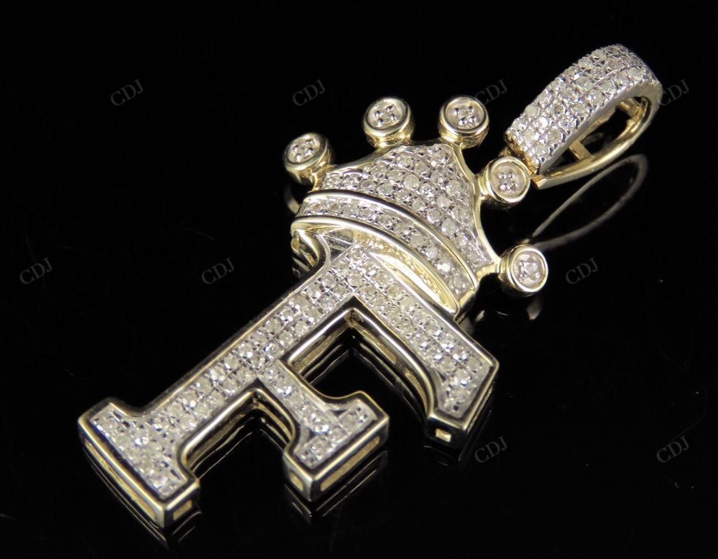 1.5" 0.4TW 10K Gold Diamond Crown Initial 'F' Letter Pendant CustomDiamJewel