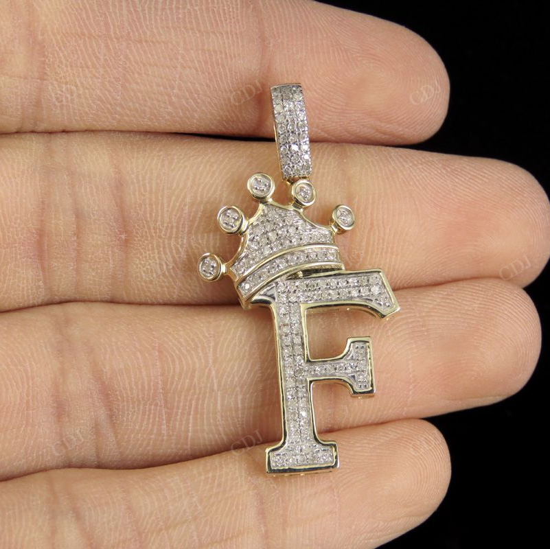 1.5" 0.4TW 10K Gold Diamond Crown Initial 'F' Letter Pendant CustomDiamJewel