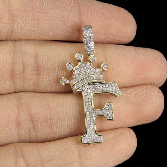 1.5" 0.4TW 10K Gold Diamond Crown Initial 'F' Letter Pendant CustomDiamJewel