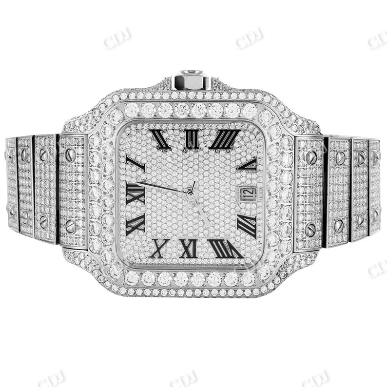 Iced Out Automatic Watch Round Diamond Hip Hop Men's Roman Dial Wrist Watch Fully Bust Down Stainless Steel Watch