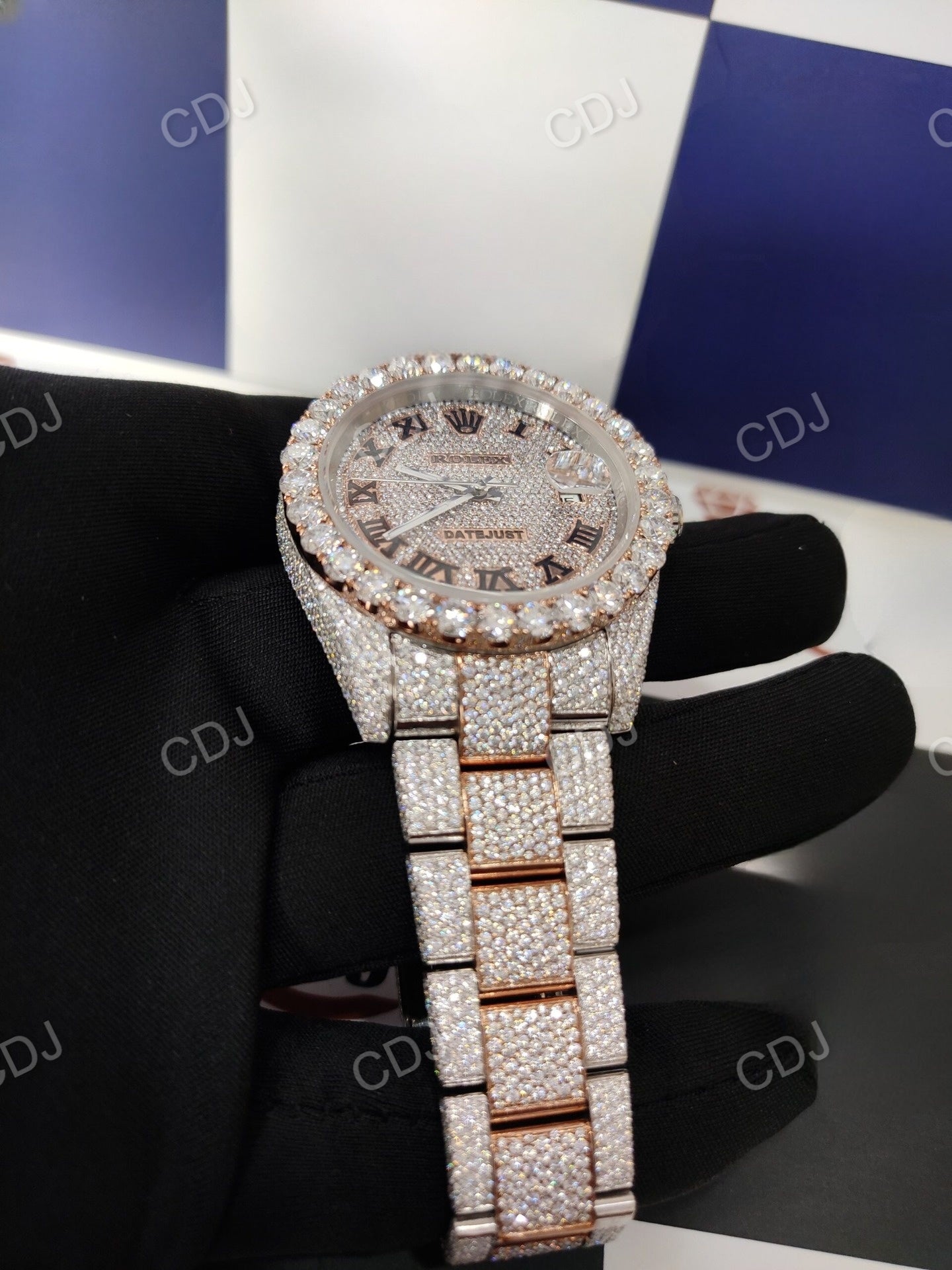 VVS Moissanite Studded Watch Fully Iced Out Roman Dial Rolex For Men customdiamjewel