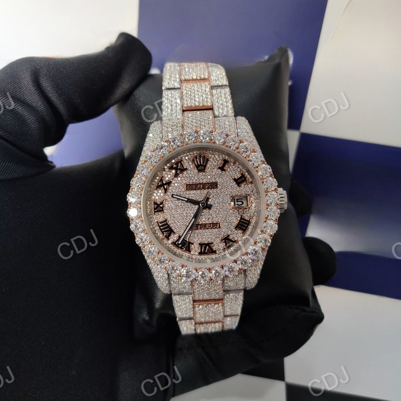 VVS Moissanite Studded Watch Fully Iced Out Roman Dial Rolex For Men customdiamjewel