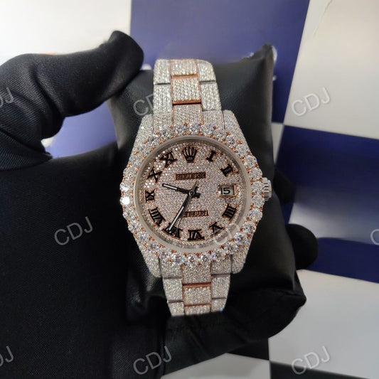VVS Moissanite Studded Watch Fully Iced Out Roman Dial Rolex For Men customdiamjewel