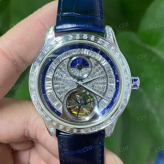 Blue Belt Stainless Steel Bugatte Diamond Moissanite Watch customdiamjewel