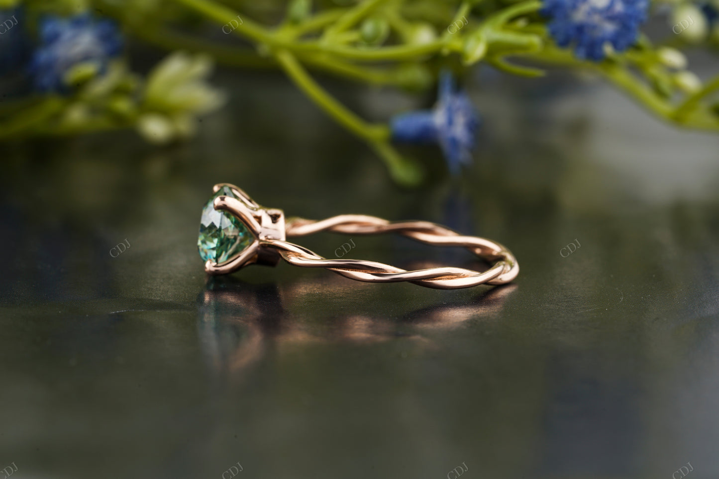 Round Green Gemstone Twisted Shank Ring
