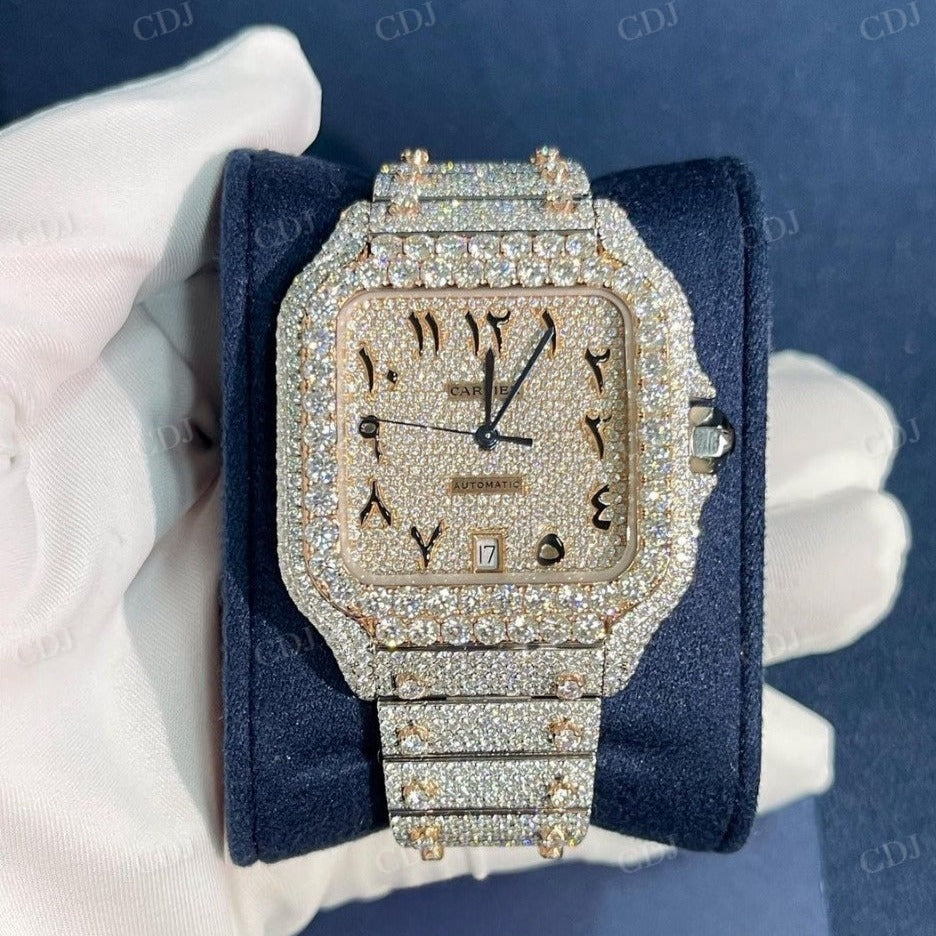 Fully Iced Out Arabic Dial Custom Moissnite Diamond Cartier Santos Watch customdiamjewel