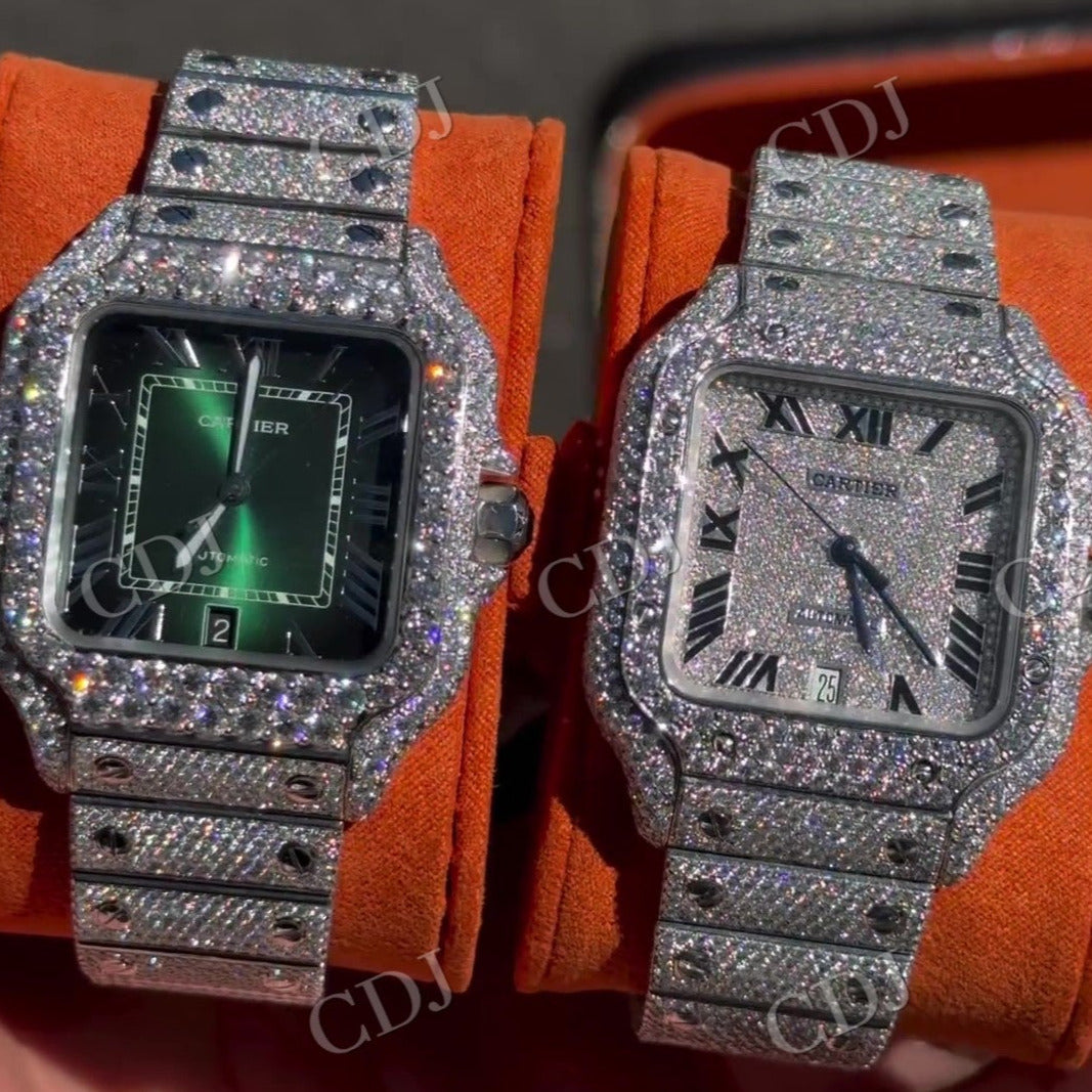 Full White Lab grown Diamond Studded Cartier Santos Hip Hop Watch For Men customdiamjewel