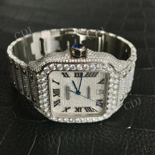 Full White Cartier Santos Moissanite Stainless Steel Iced Out Hip Hop Watch for Men hip hop jewelry customdiamjewel
