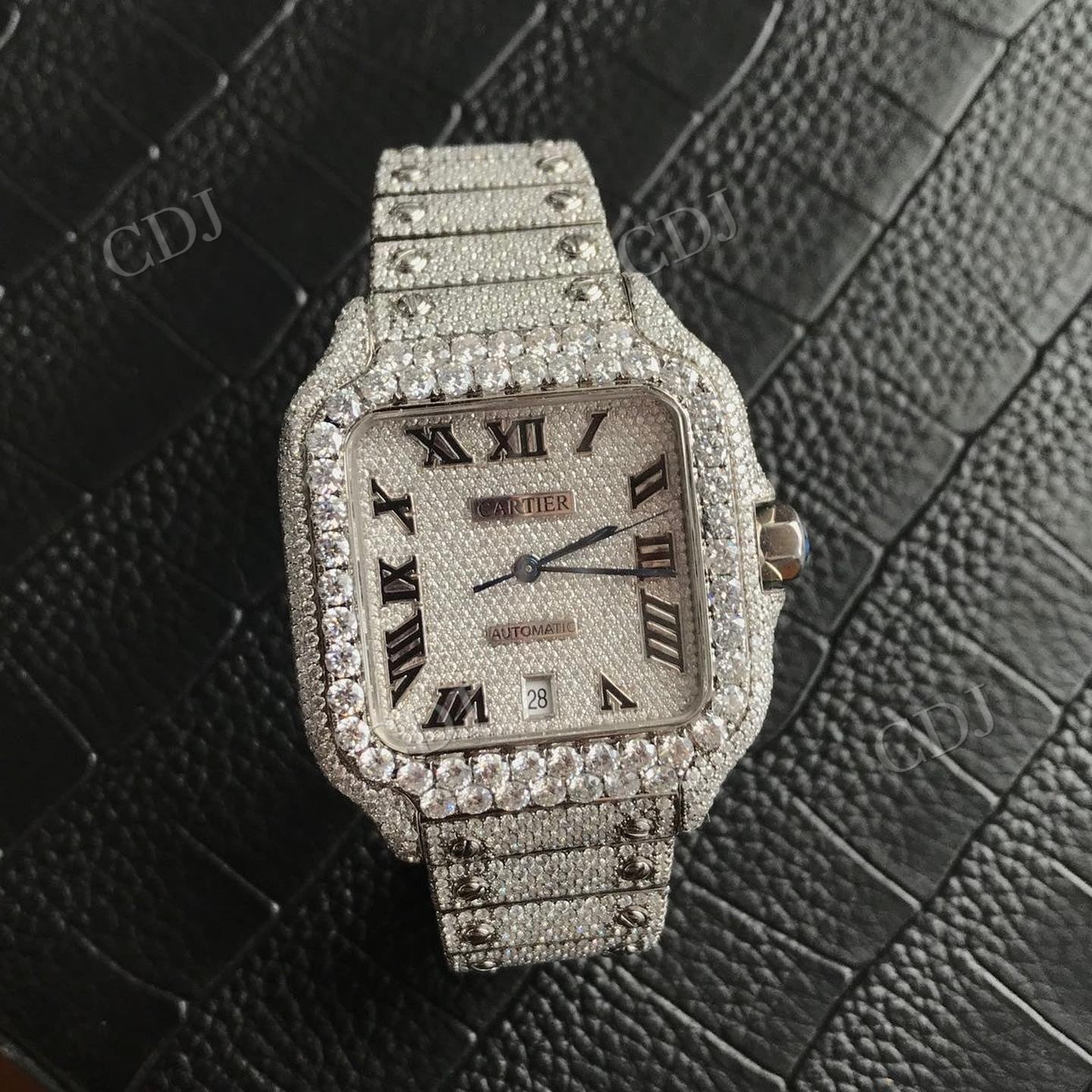 Full White Cartier Santos Moissanite Stainless Steel Iced Out Hip Hop Watch for Men hip hop jewelry customdiamjewel