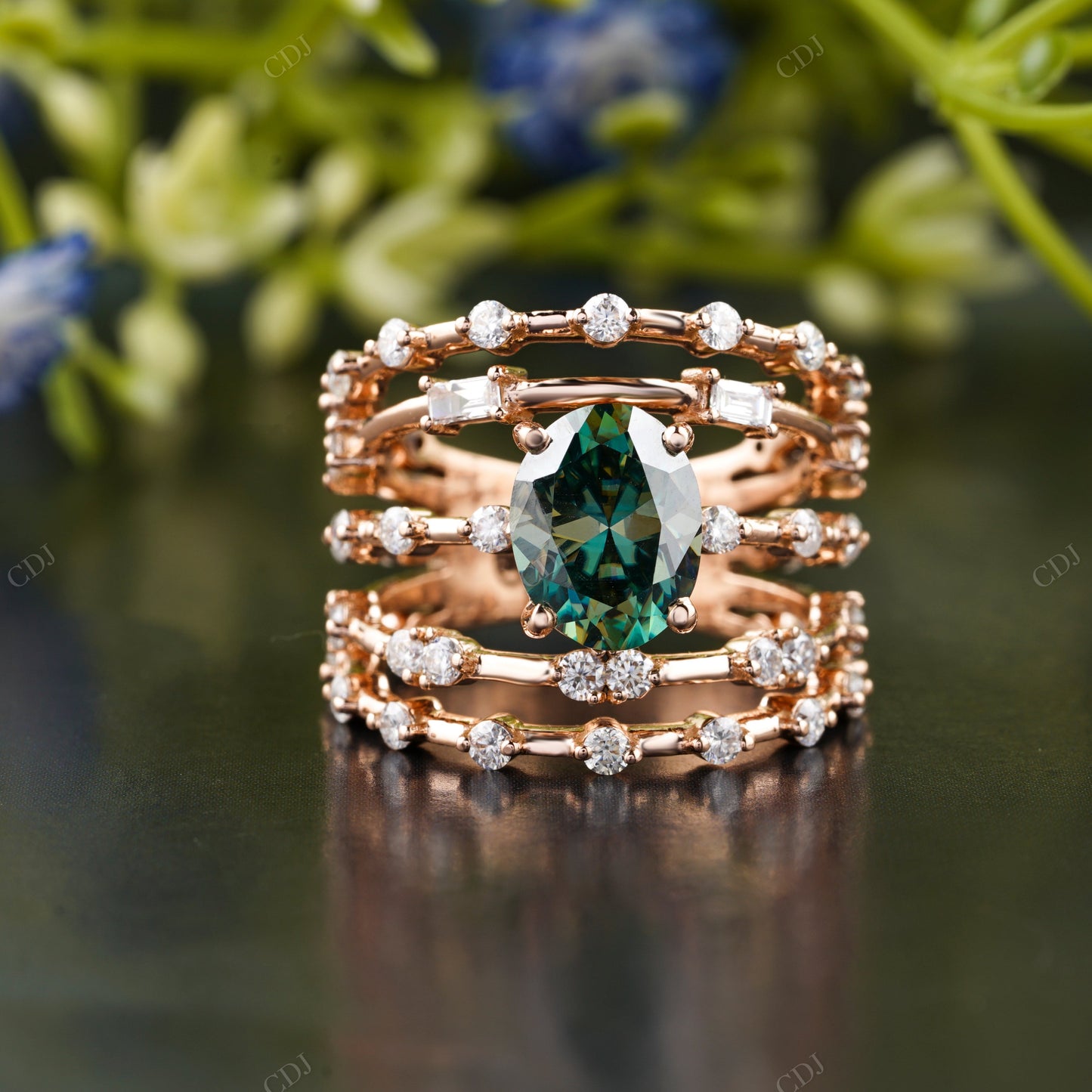 Green Oval Gemstone Multi Row Ring