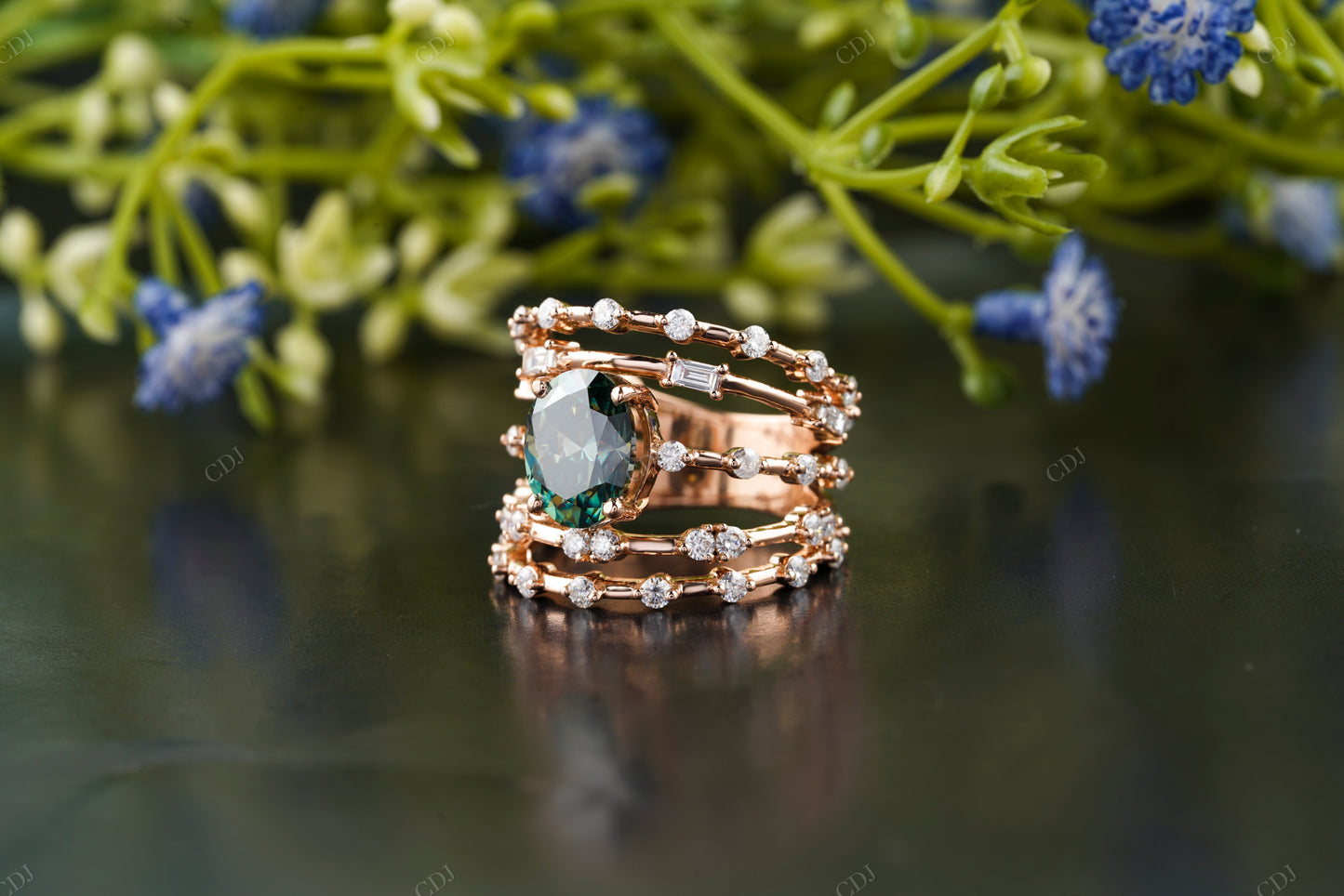Green Oval Gemstone Multi Row Ring