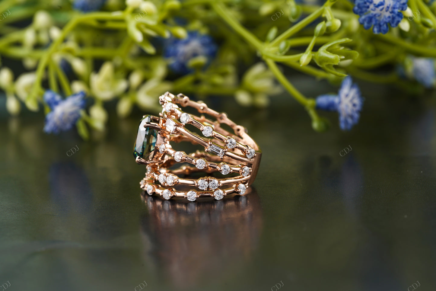 Green Oval Gemstone Multi Row Ring