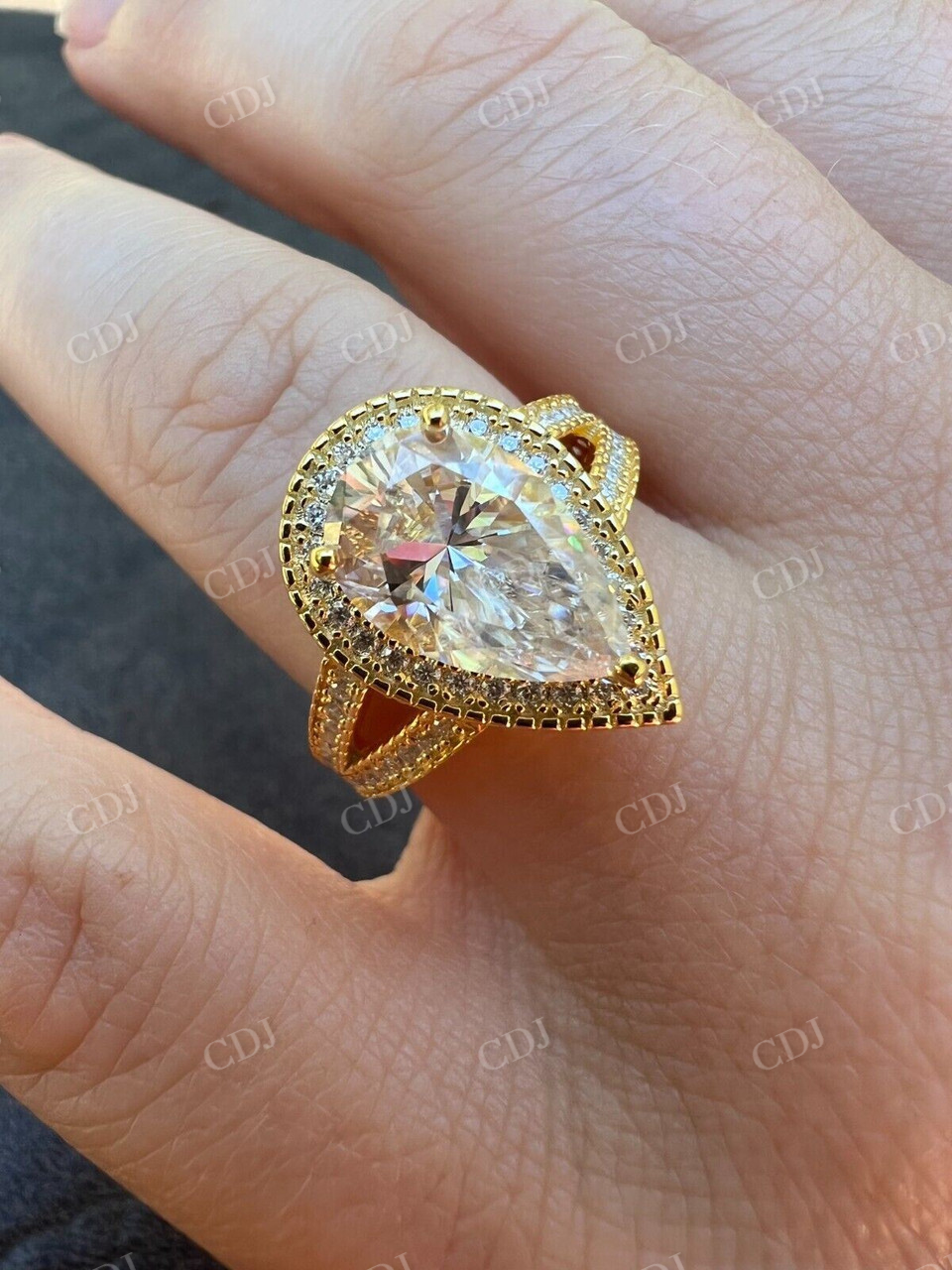 Pear Cut Moissanite Halo Split Shank Ring  customdiamjewel   