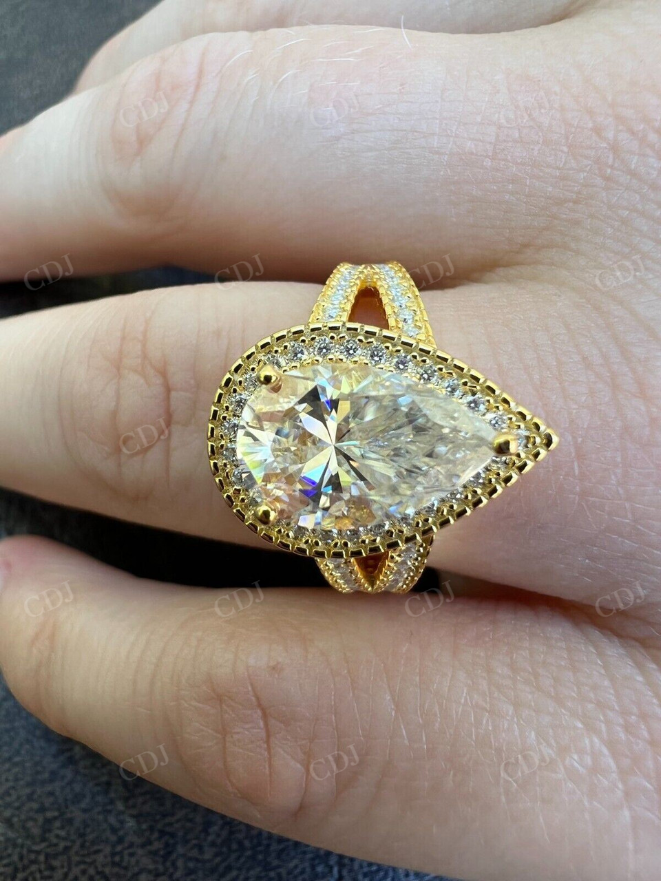 Pear Cut Moissanite Halo Split Shank Ring  customdiamjewel   