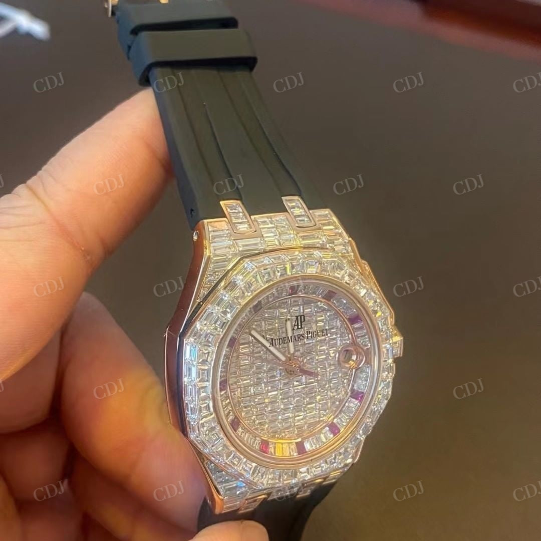 Baguette Diamond Black Belt Iced Out AP Moissanite Watch customdiamjewel