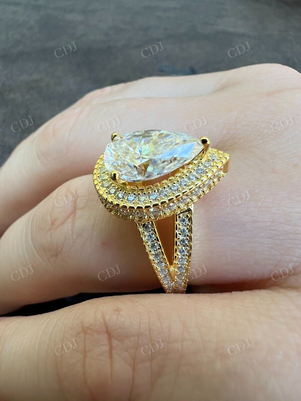 Pear Cut Moissanite Halo Split Shank Ring  customdiamjewel   