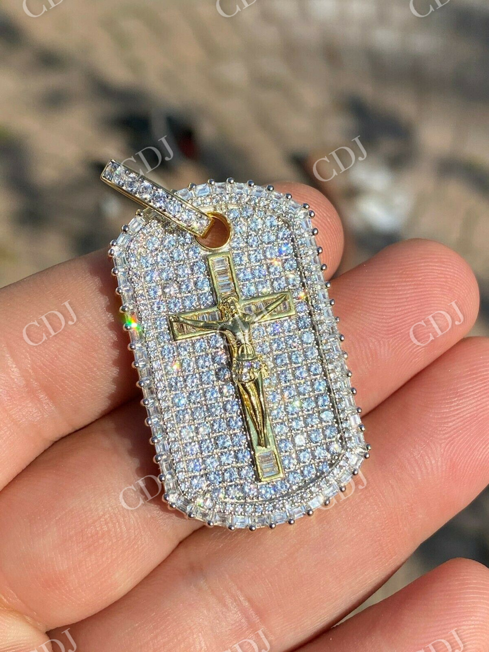 Dog Tag Iced Baguette Diamond Jesus Pendant  customdiamjewel   