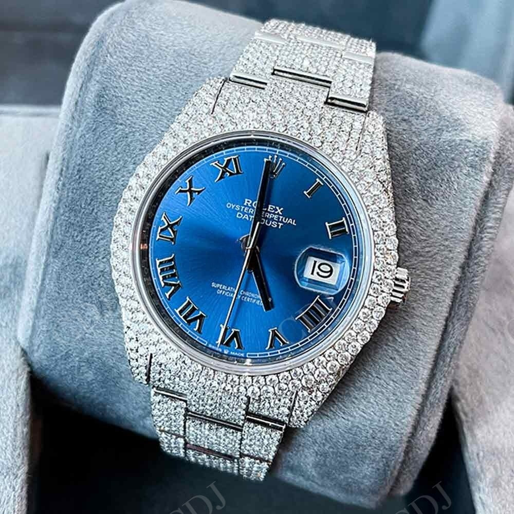 Rolex Blue Dial Iced Out Moissanite Watch customdiamjewel