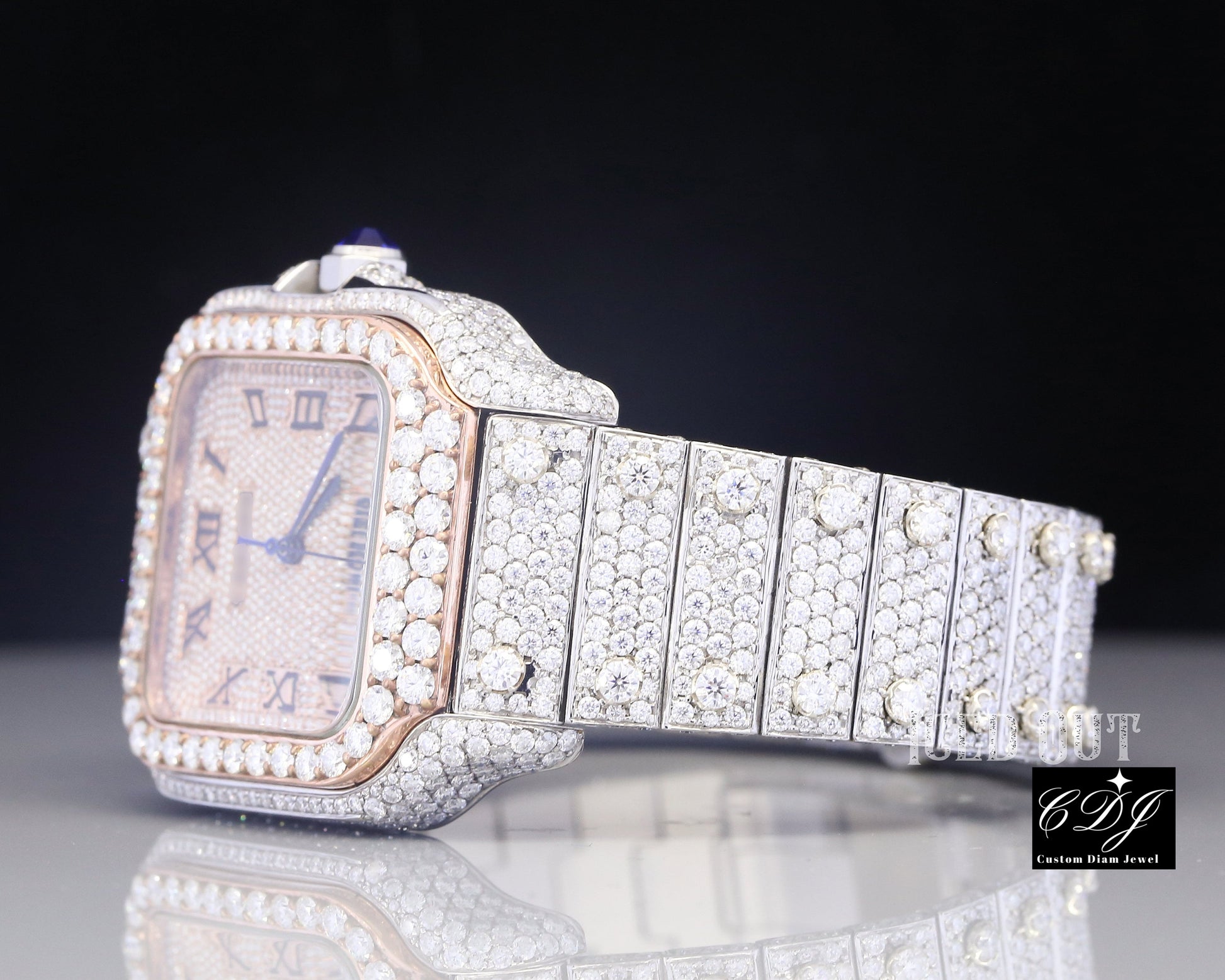 Moissanite Square Dial Iced Out Cartier Santos Watch customdiamjewel