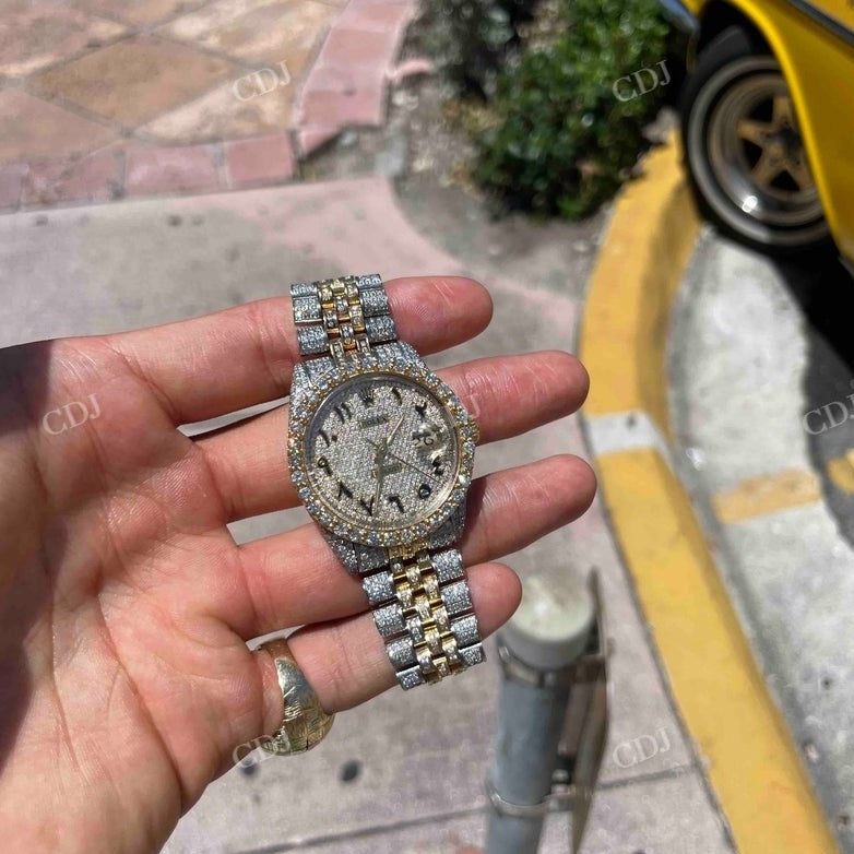 36mm Two Tone Arabic Dial Iced Out Rolex Watch customdiamjewel