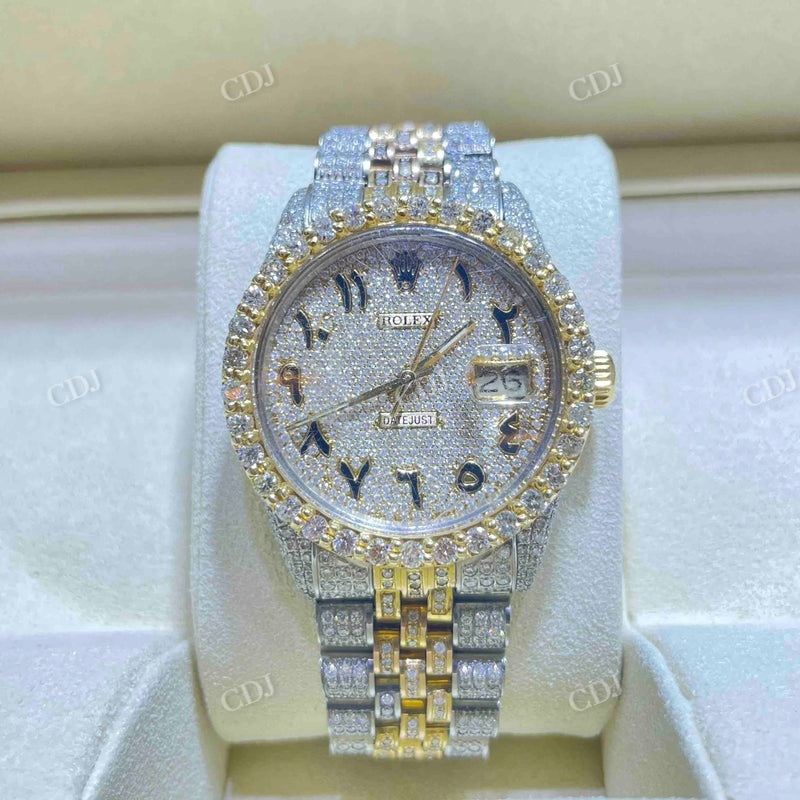 36mm Two Tone Arabic Dial Iced Out Rolex Watch customdiamjewel