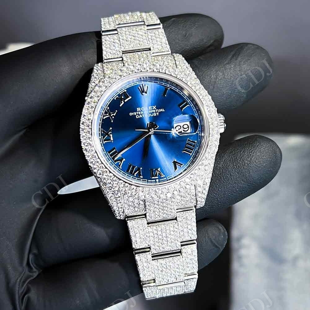 Rolex Blue Dial Iced Out Moissanite Watch customdiamjewel