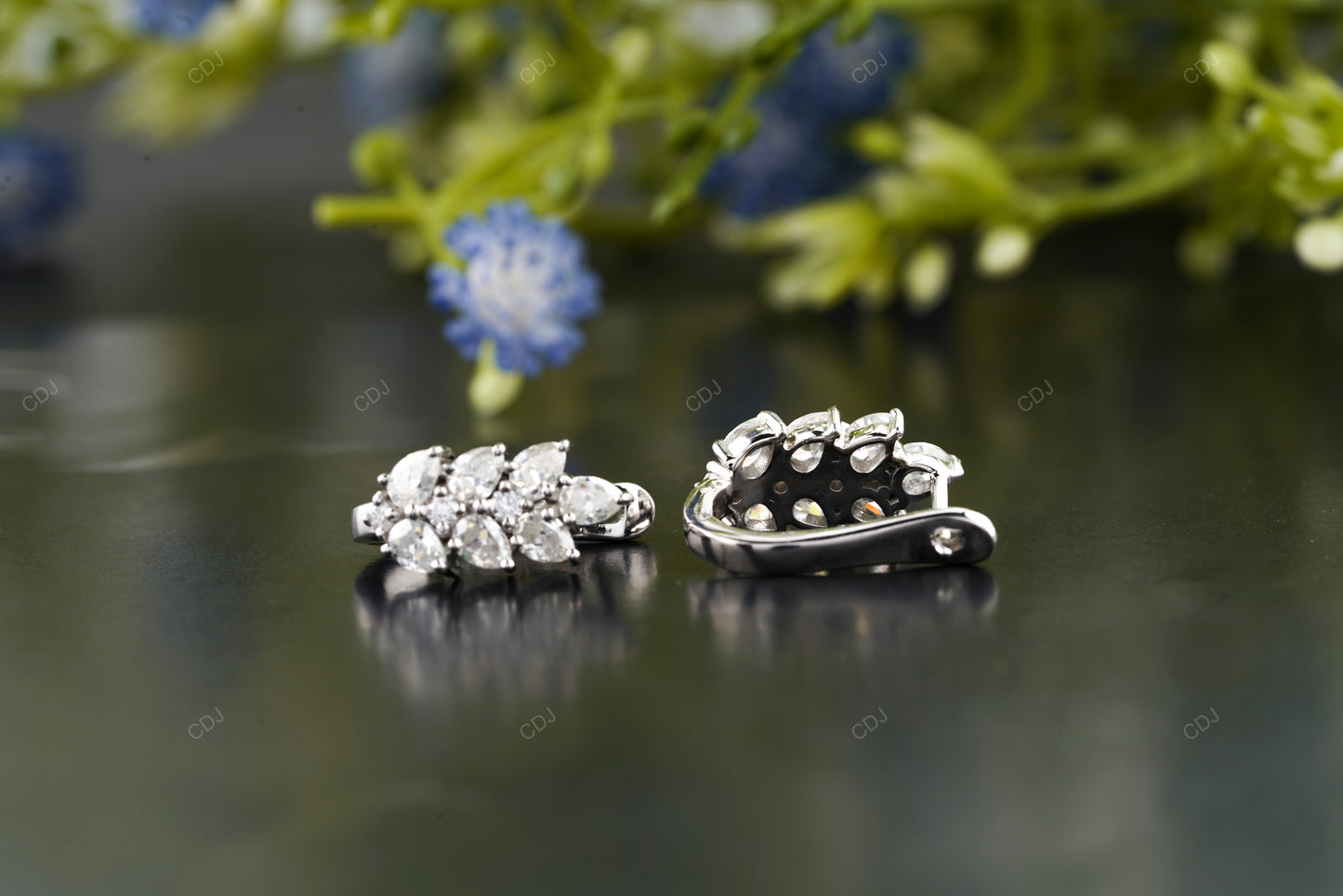White Gold Lab Grown Diamond Cluster Lever Back Earrings
