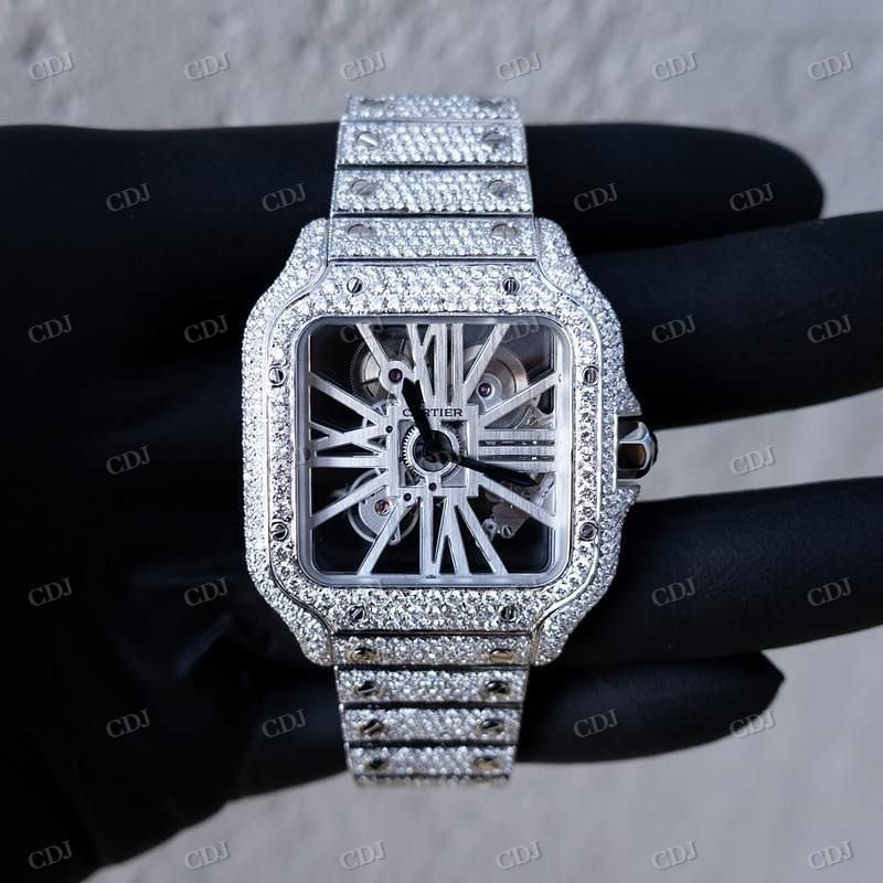 Full White Cartier Skeleton Iced Out Moissanite Diamond Hip Hop Male Watch hip hop jewelry customdiamjewel