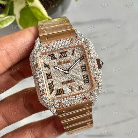Full Rose Cartier Santos Moissanite Diamond Set Iced Out Case Watch for Hip Hop Men hip hop jewelry customdiamjewel