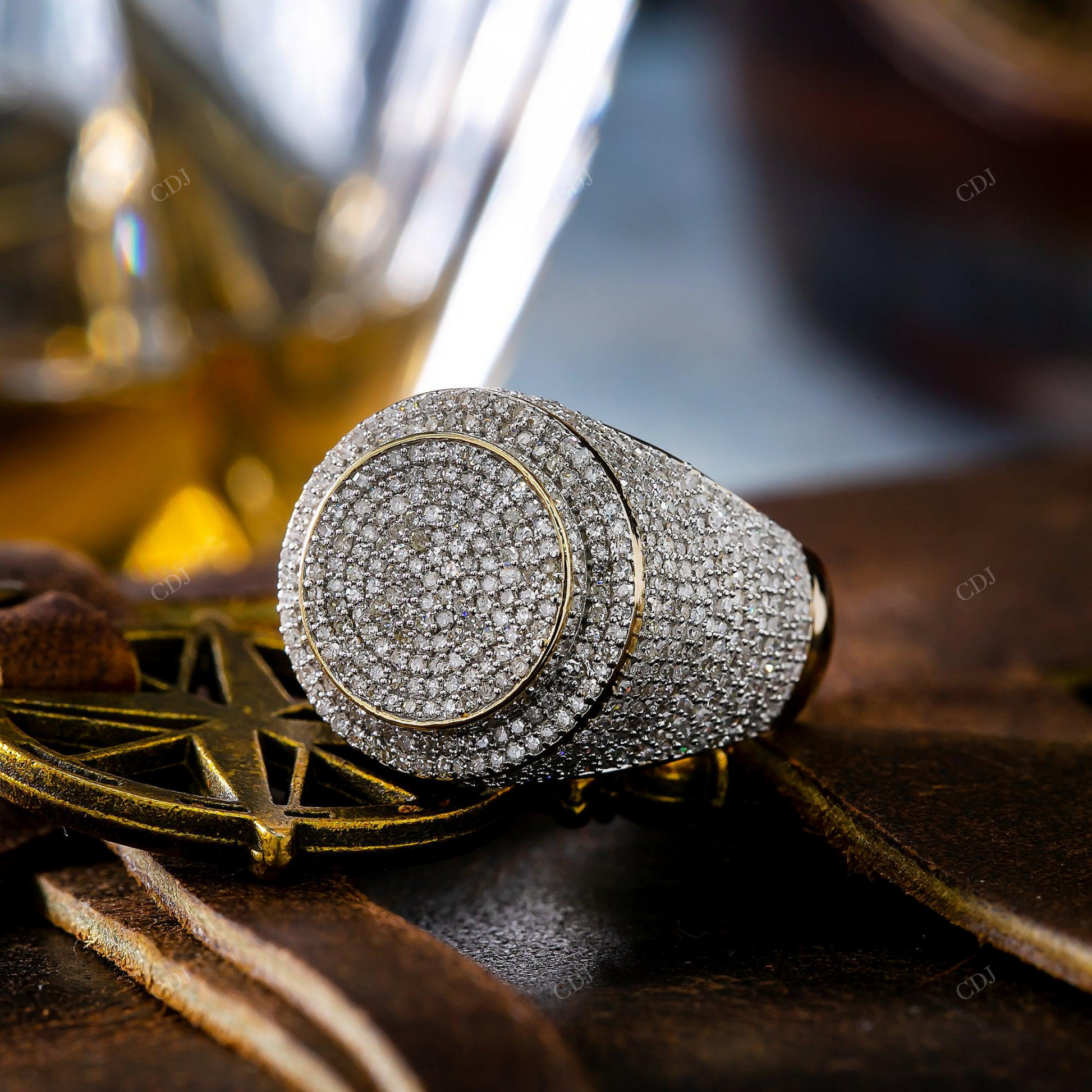 925 Silver Iced Out Gold Trim Round Men's Ring hip hop jewelry customdiamjewel