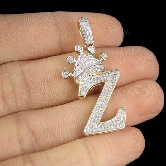 Personalized Crown Initial Letter 'Z' Diamond Solid Gold Pendant CustomDiamJewel
