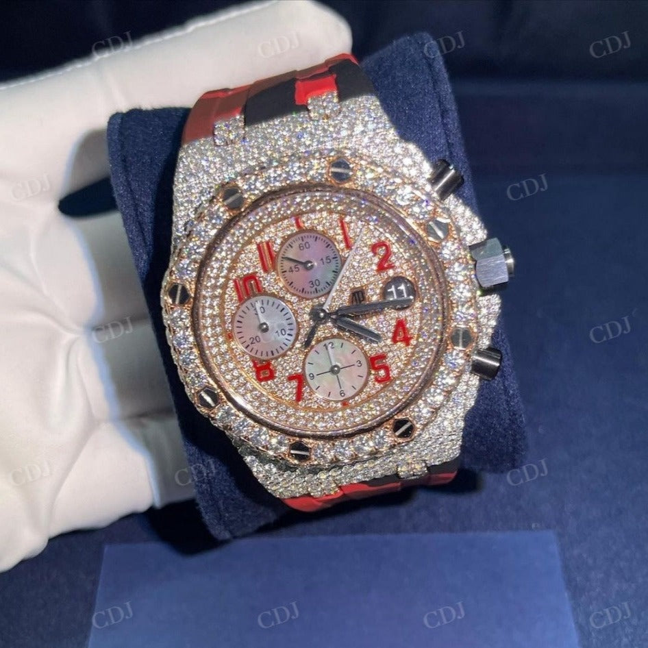 Hip Hop Red Belt Red Numerical Iced Out Diamond AP Chrono Watch customdiamjewel