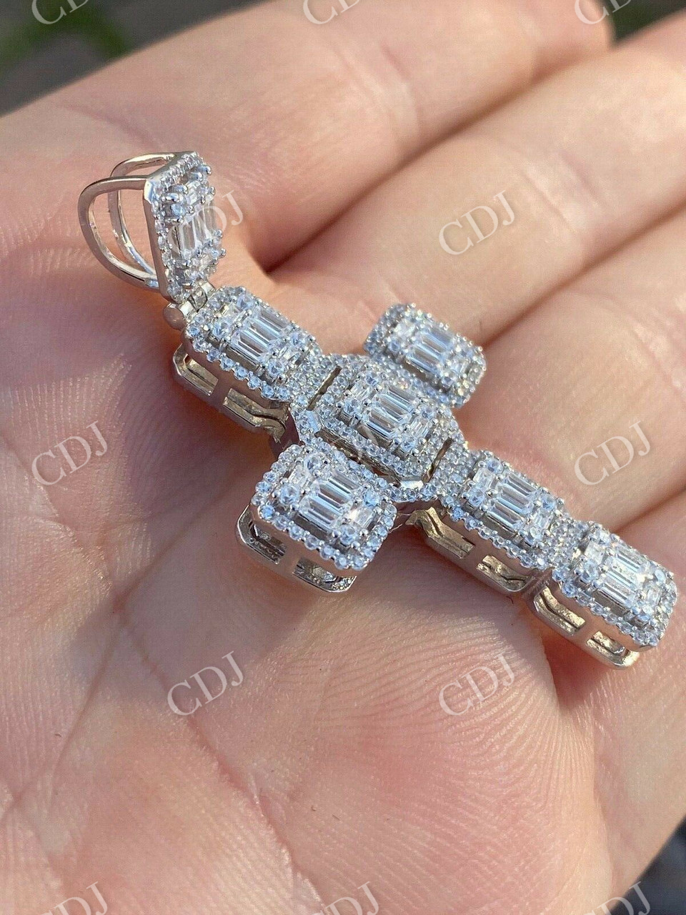 Round And Baguette Diamond Cross Pendant  customdiamjewel   