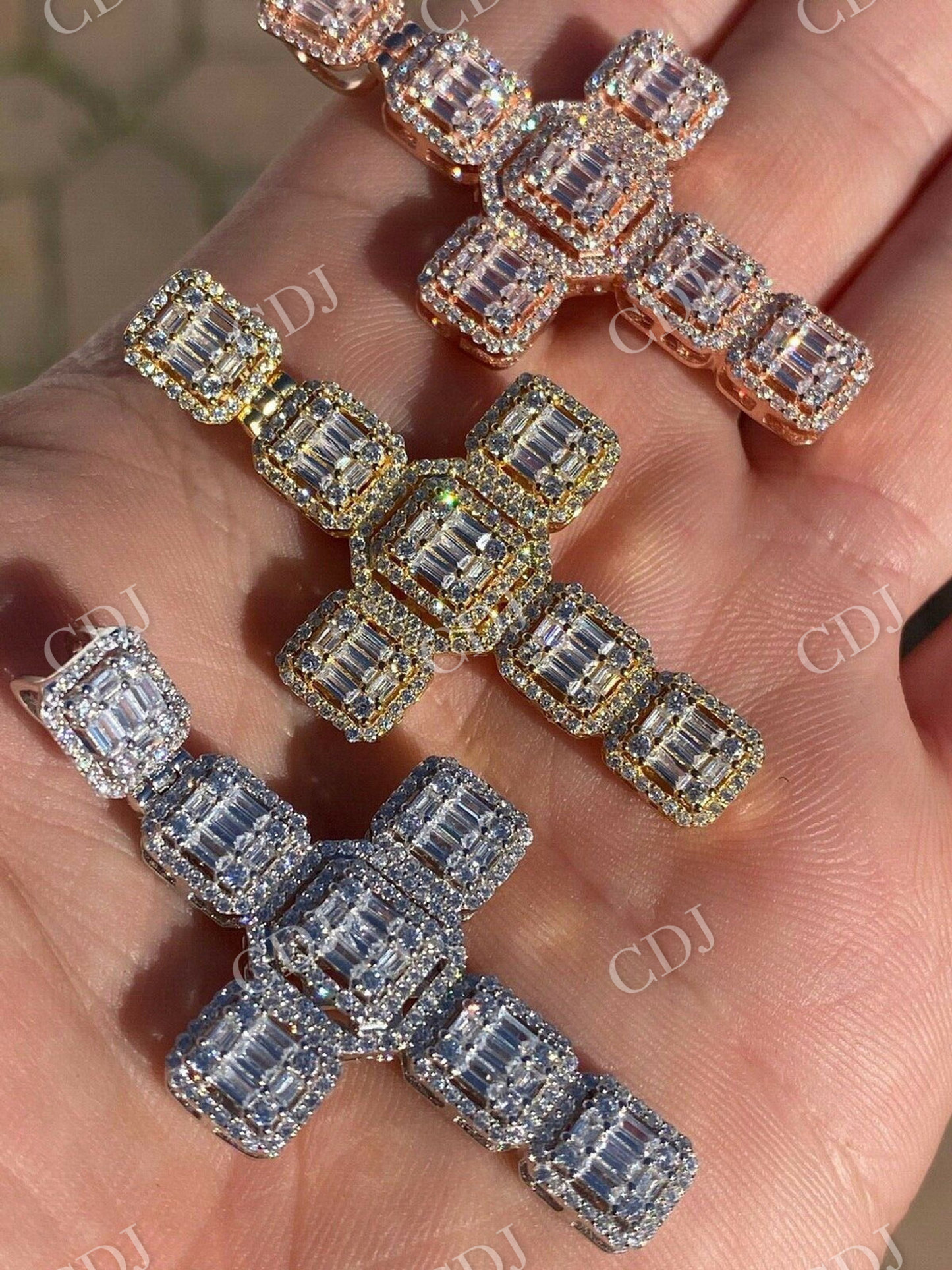 Round And Baguette Diamond Cross Pendant  customdiamjewel   