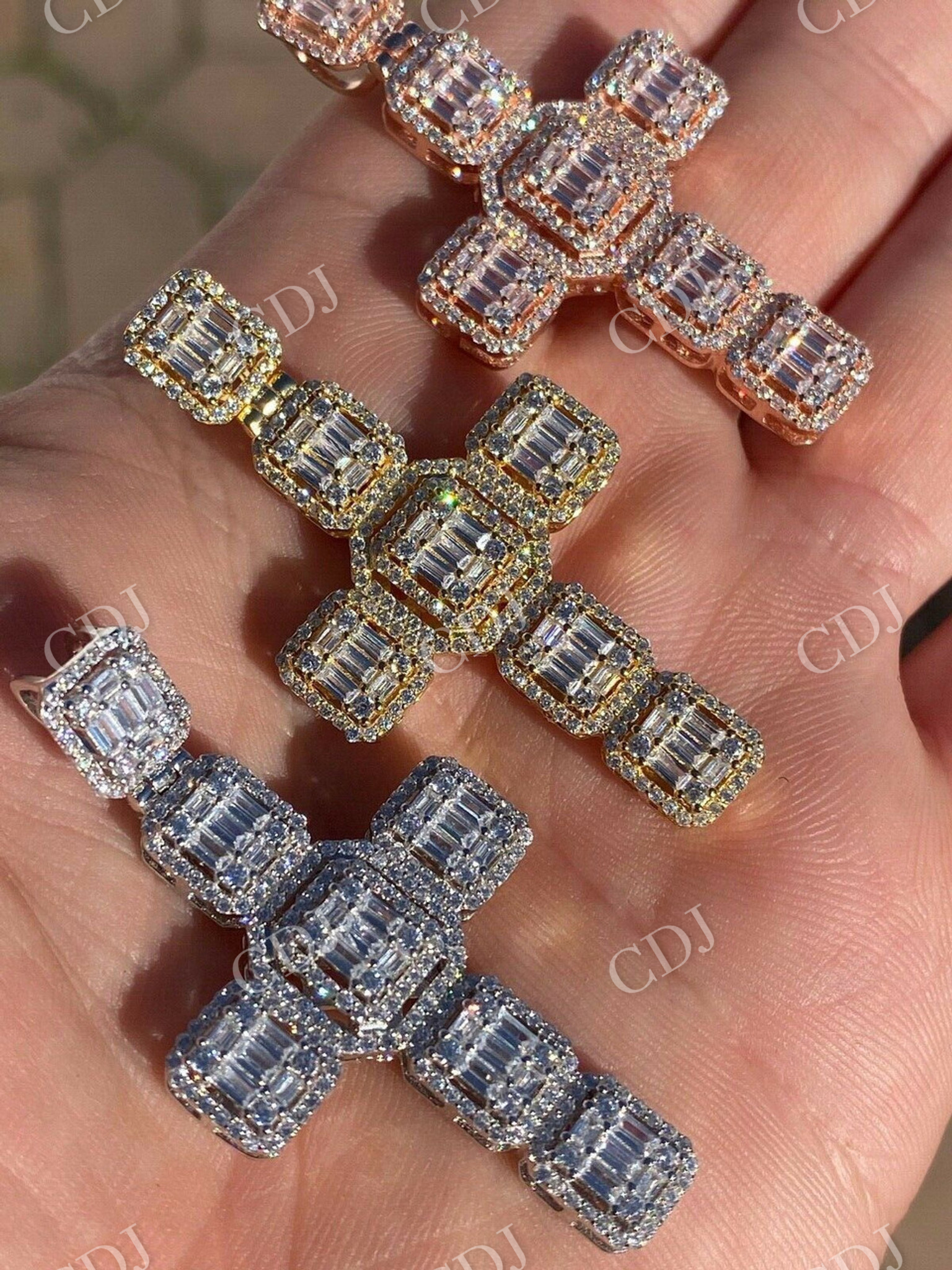 Round And Baguette Diamond Cross Pendant  customdiamjewel   