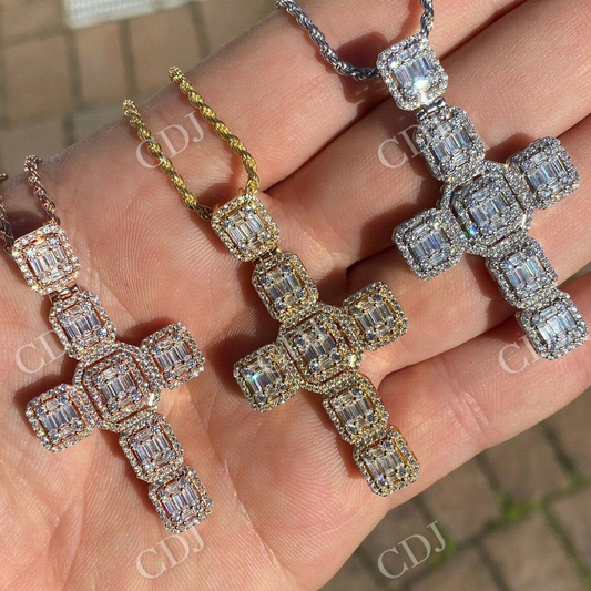 Round And Baguette Diamond Cross Pendant  customdiamjewel   