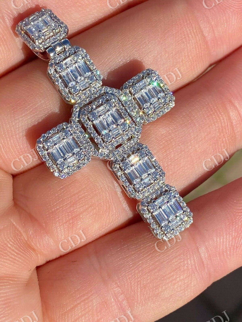 Round And Baguette Diamond Cross Pendant  customdiamjewel   