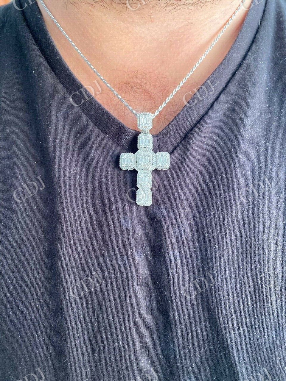 Round And Baguette Diamond Cross Pendant  customdiamjewel   