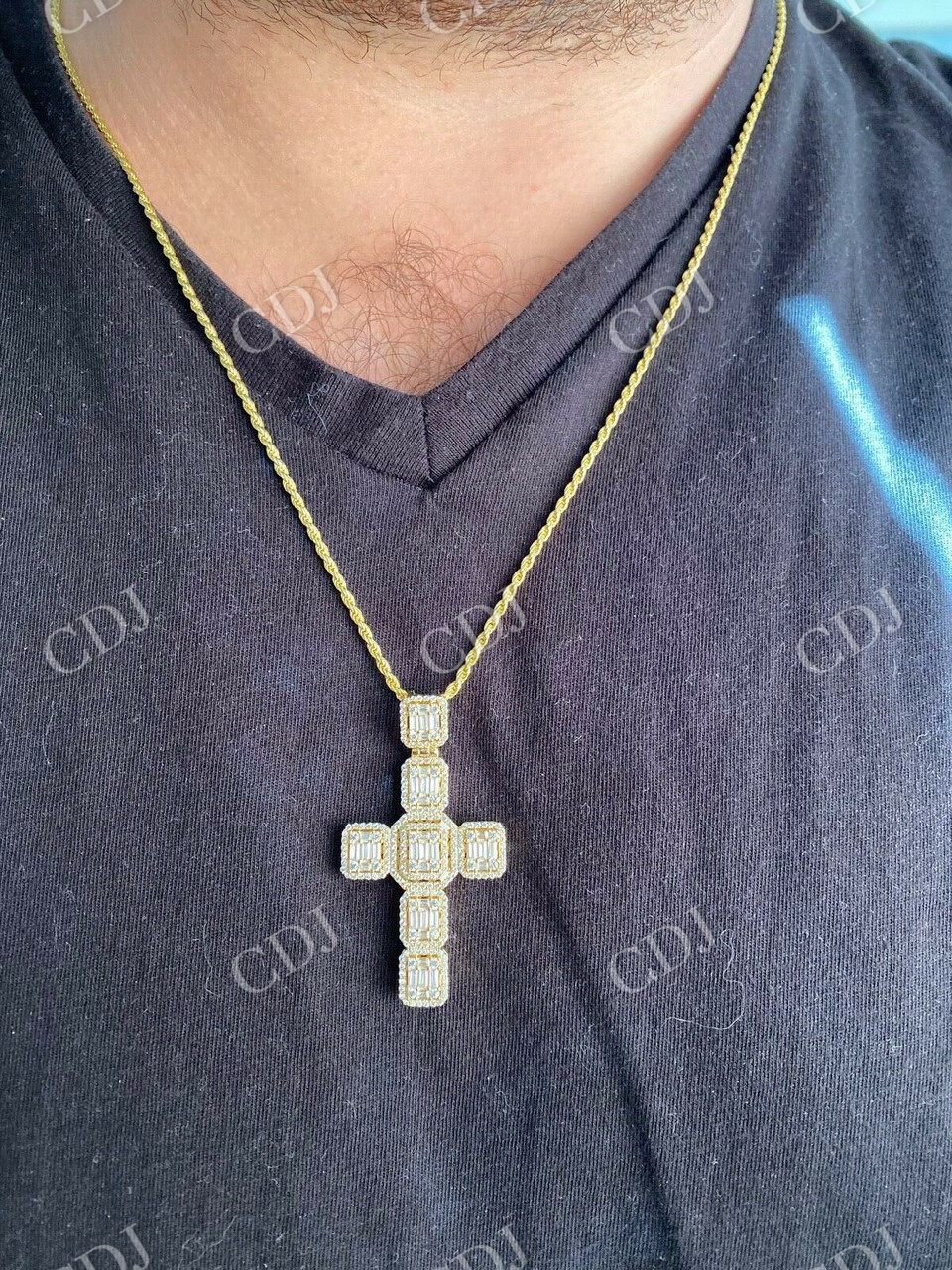 Round And Baguette Diamond Cross Pendant  customdiamjewel   