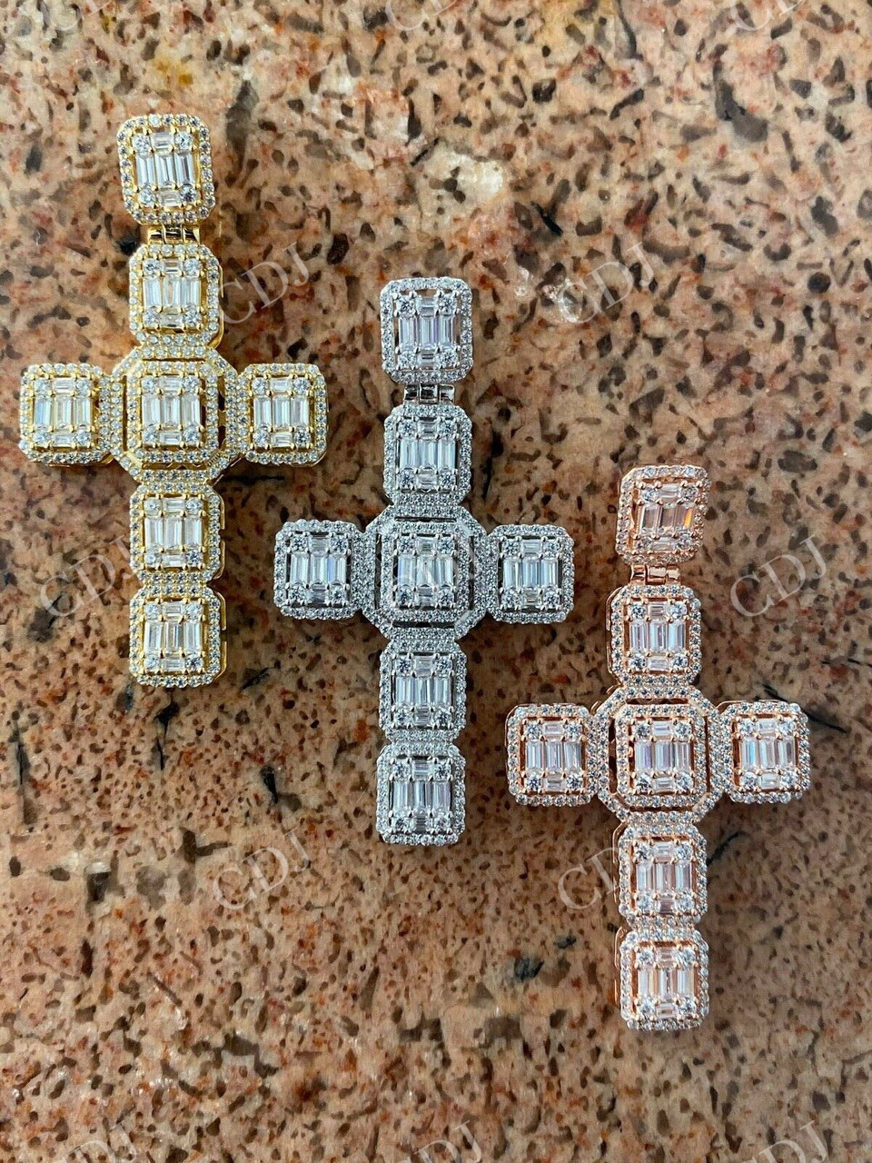 Round And Baguette Diamond Cross Pendant  customdiamjewel   