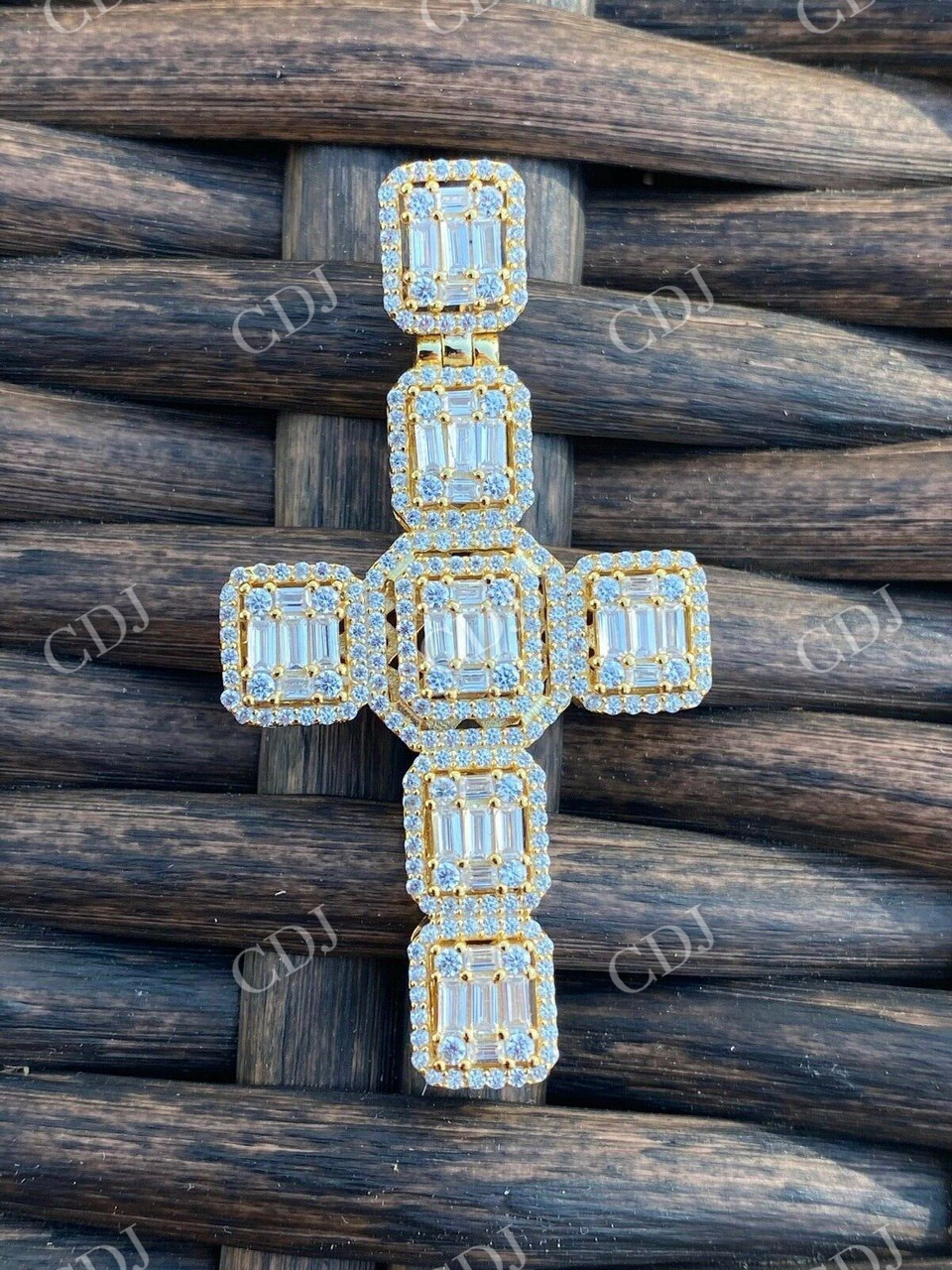 Round And Baguette Diamond Cross Pendant  customdiamjewel   