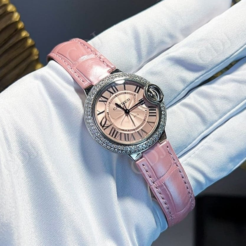 Cartier Pink Dial Custom Diamond Watch For Women customdiamjewel
