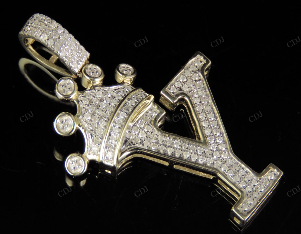 1.5" 10K Solid Gold Real Diamond Crown Initial 'Y' Letter Pendant CustomDiamJewel