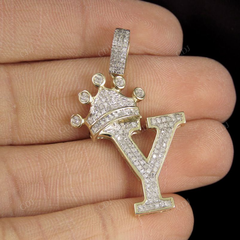 1.5" 10K Solid Gold Real Diamond Crown Initial 'Y' Letter Pendant CustomDiamJewel