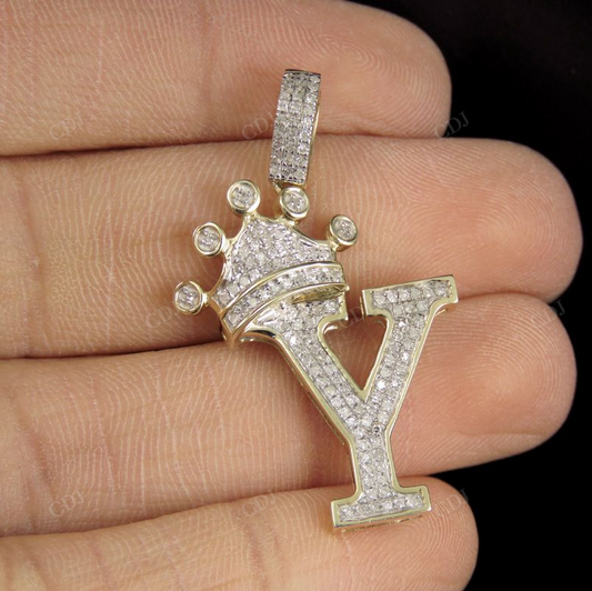 1.5" 10K Solid Gold Real Diamond Crown Initial 'Y' Letter Pendant CustomDiamJewel