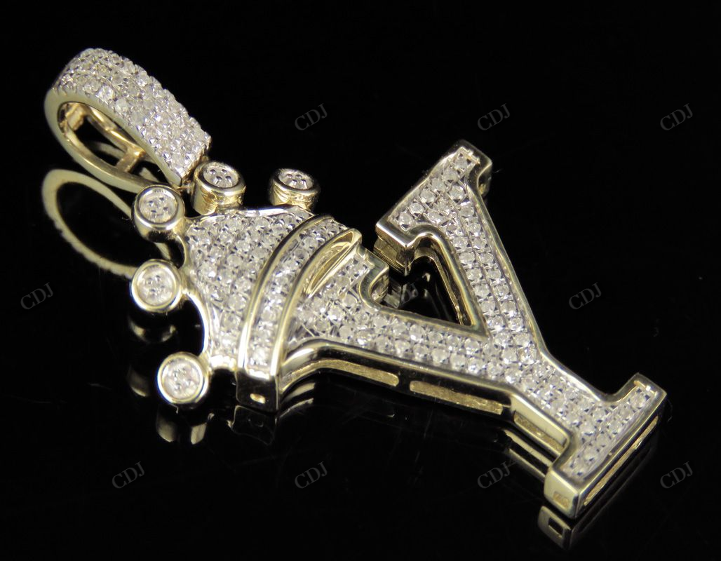 1.5" 10K Solid Gold Real Diamond Crown Initial 'Y' Letter Pendant CustomDiamJewel