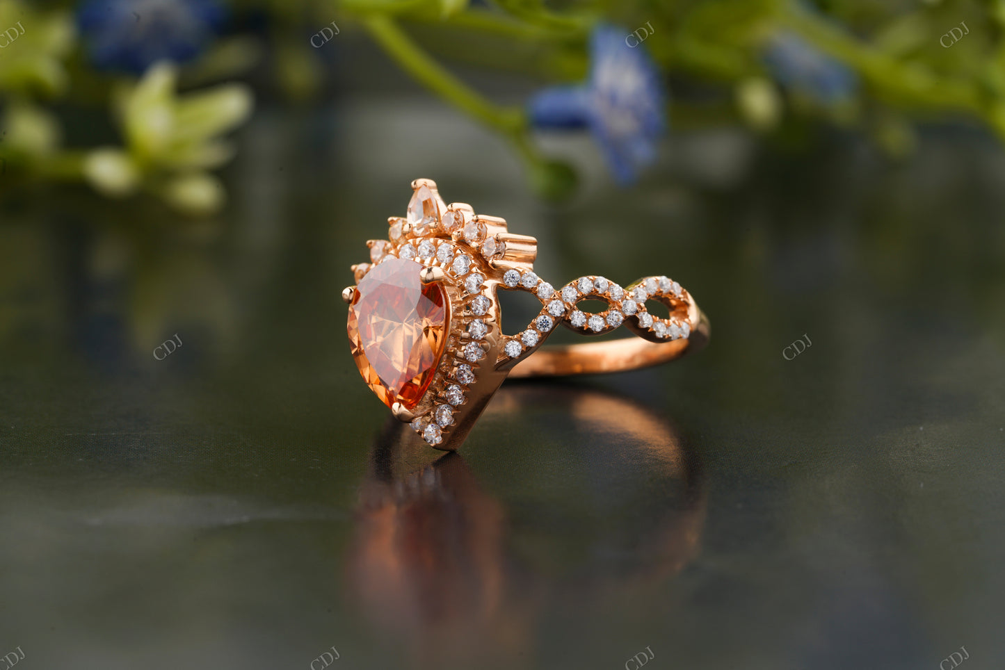 Orange Sapphire Halo Moissanite Engagement Ring