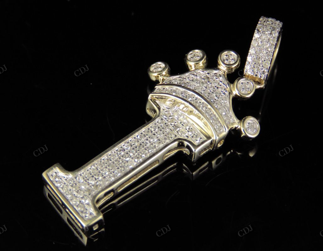 1.5" 0.4CTW 18K Gold Natural Diamond Crown Initial 'I' Letter Pendant CustomDiamJewel