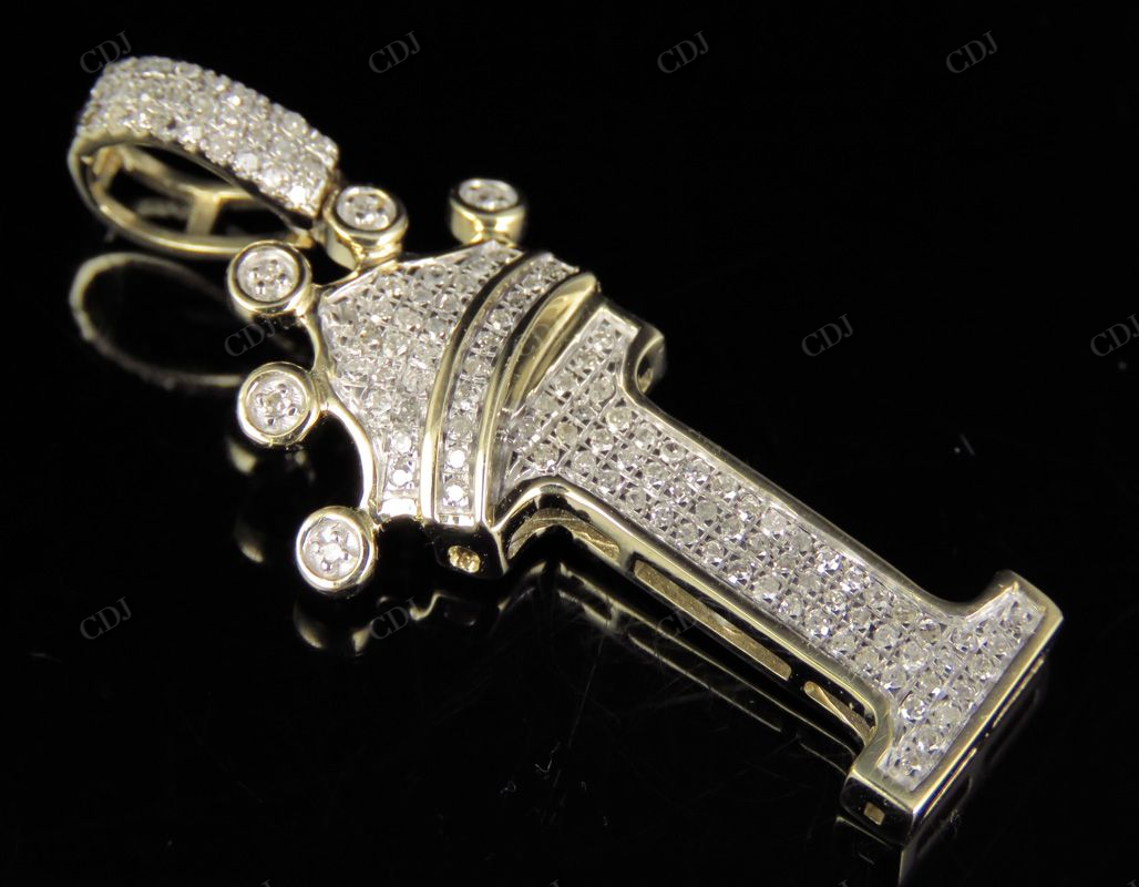 1.5" 0.4CTW 18K Gold Natural Diamond Crown Initial 'I' Letter Pendant CustomDiamJewel